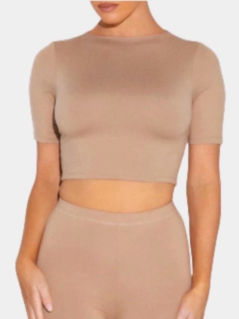 Naked Wardrobe Boat Neck Tan Crop Top Elbow Sleeve Neutral Minimalist Sz M NWOT